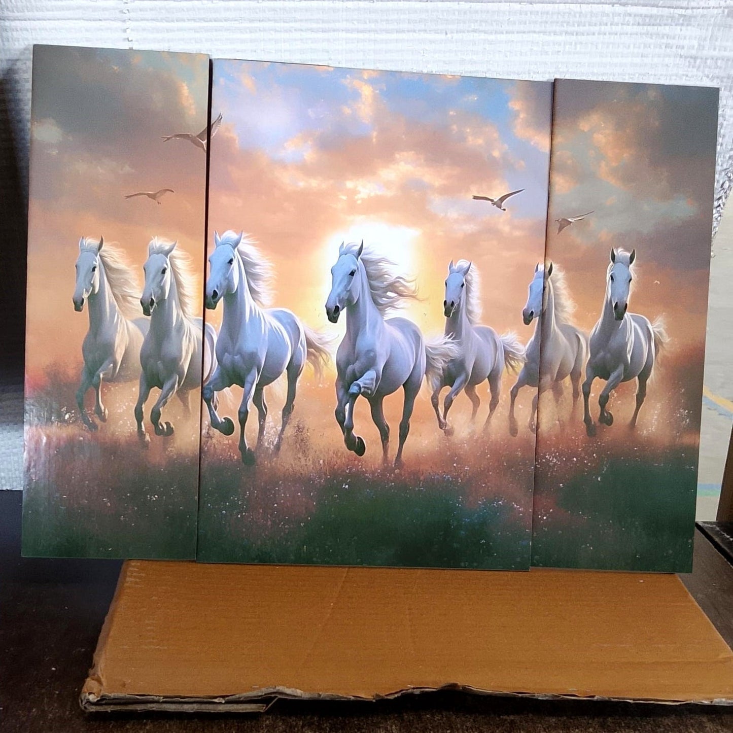 Horses Sunset 3 Panel MDF Wall Art Painting 16.5x12 Inch