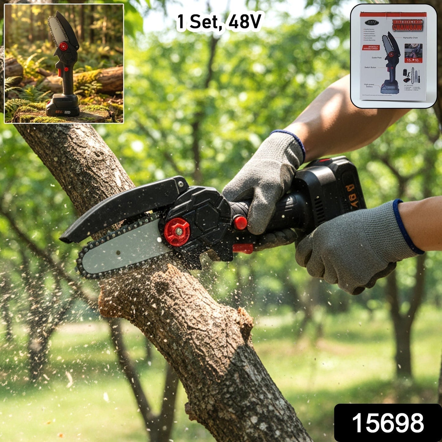 Mini Electric Cordless Chainsaw (1 Set, 48V, Blade size 28 Cm)