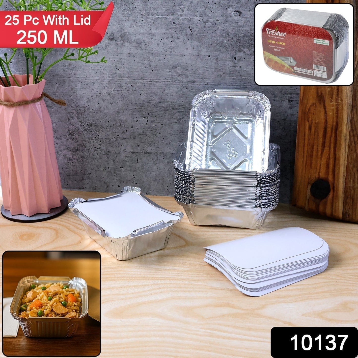 Disposable Aluminium Food Containers with Lids â€“ 250 ml Capacity (Pack of 25)