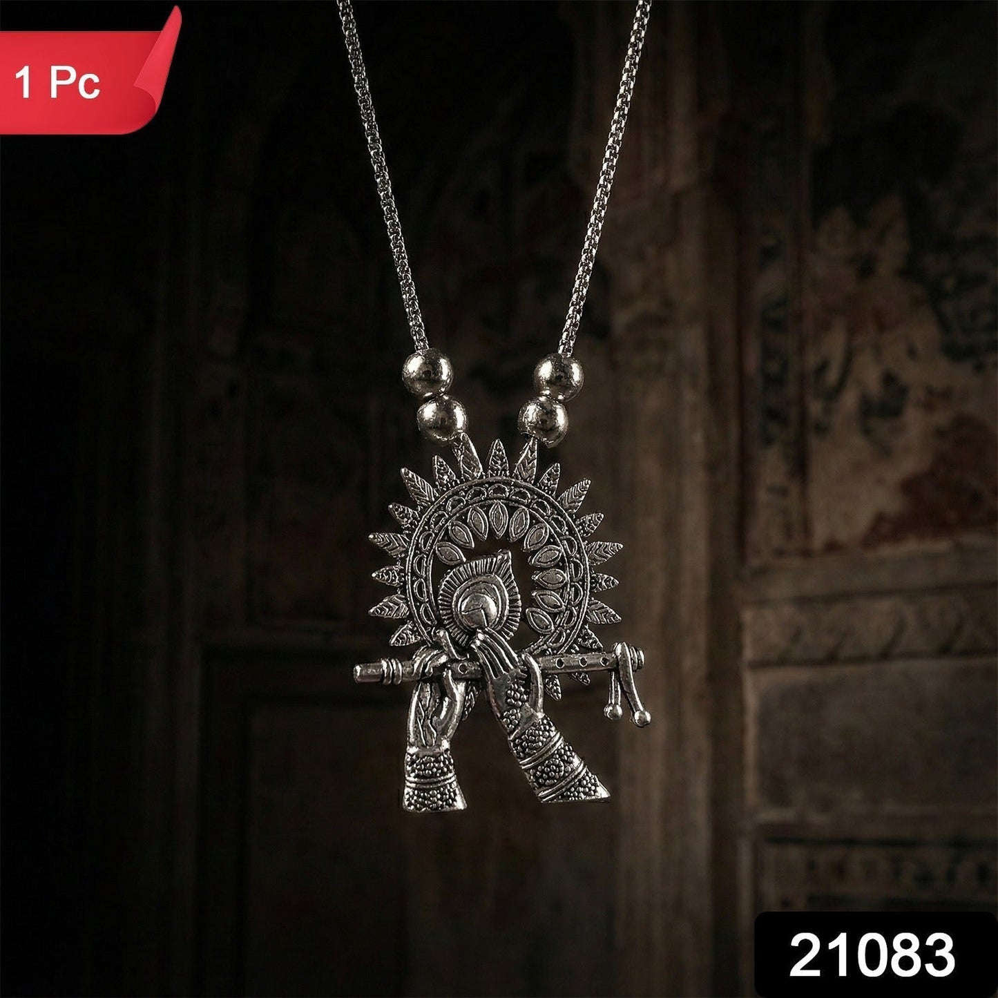 Oxidised Silver Finish Krishna Flute Pendant Necklace (1 Pc)