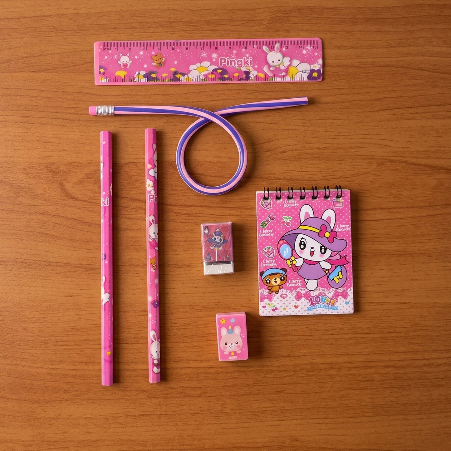 7-In-1 Cute Pink Stationery Set with Ruler, Pencil, Eraser, Notebook, Sharpener