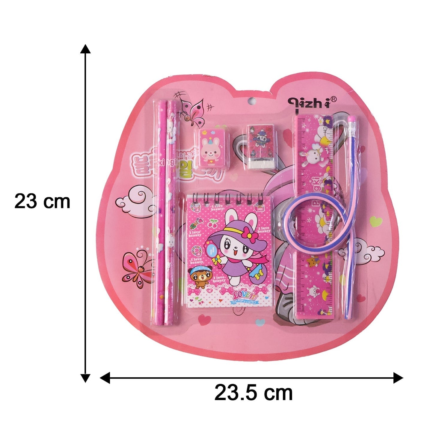 7-In-1 Cute Pink Stationery Set with Ruler, Pencil, Eraser, Notebook, Sharpener