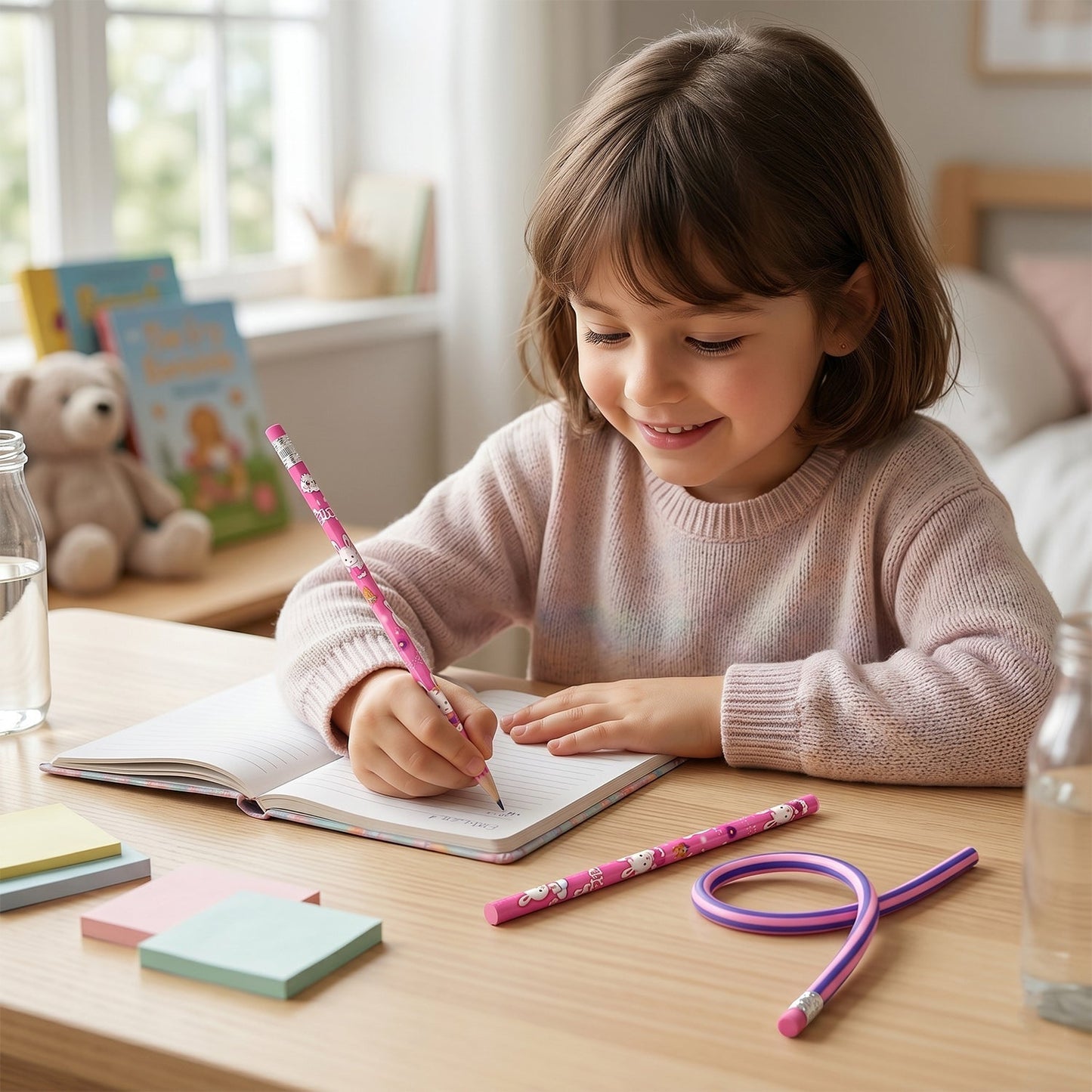 7-In-1 Cute Pink Stationery Set with Ruler, Pencil, Eraser, Notebook, Sharpener