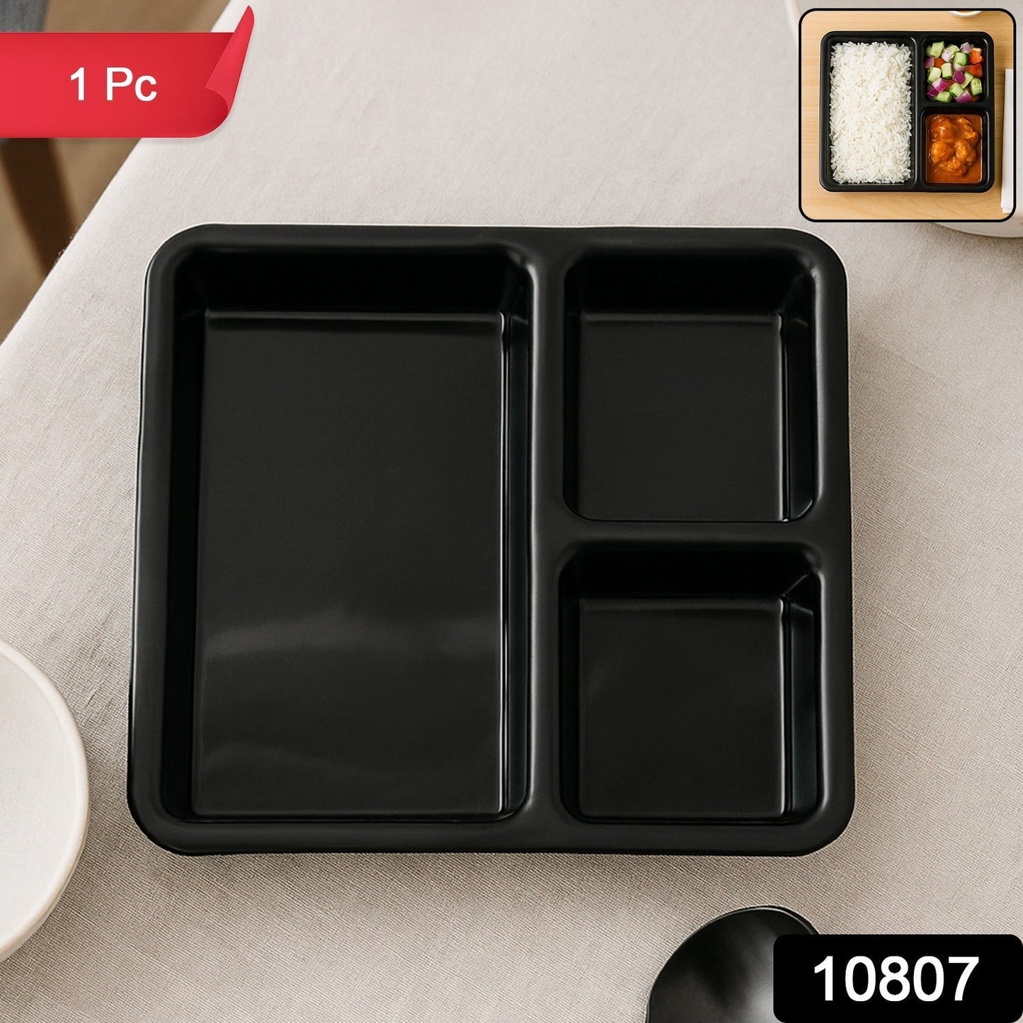 Plastic Multi-Compartment Meal Serving Tray â€“ 3-Section Rectangular Dining Plate (1 Pc / Black)