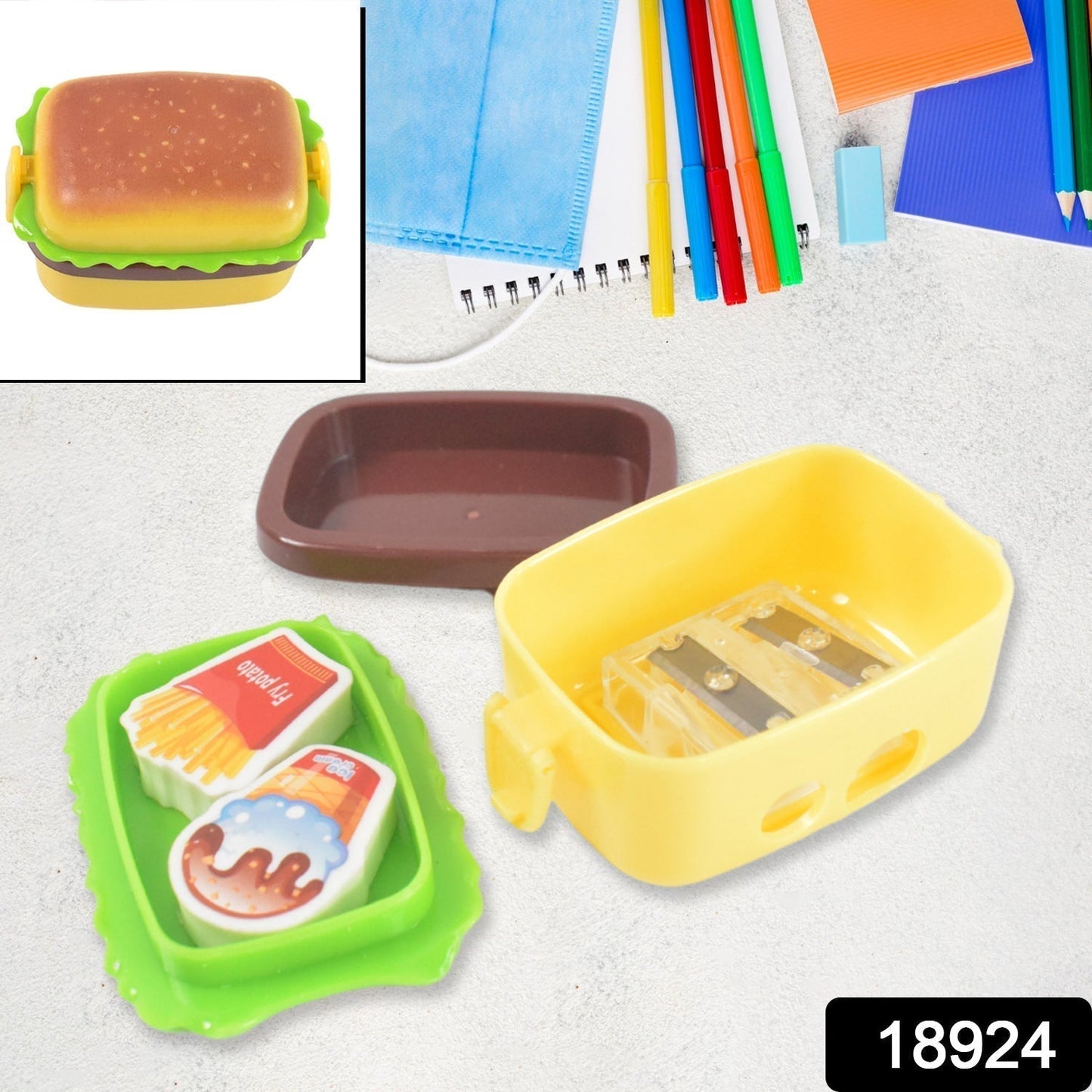 Plastic Burger Shape Small Size Double Hole Sharpener With Eraser (1 Set)