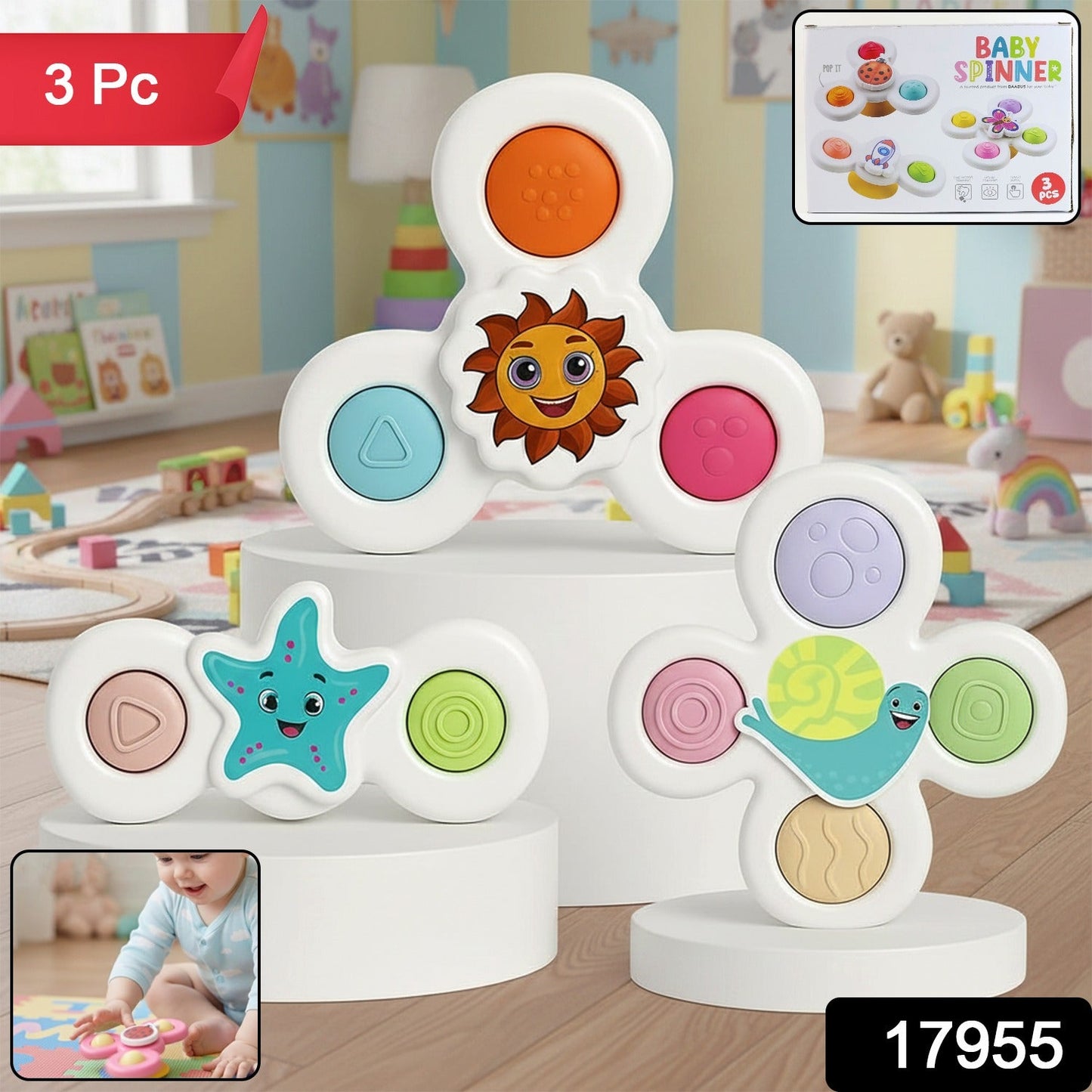 White Baby Spinner Toy Set â€“ Sensory Suction Spin Toys (3 Pc Set)