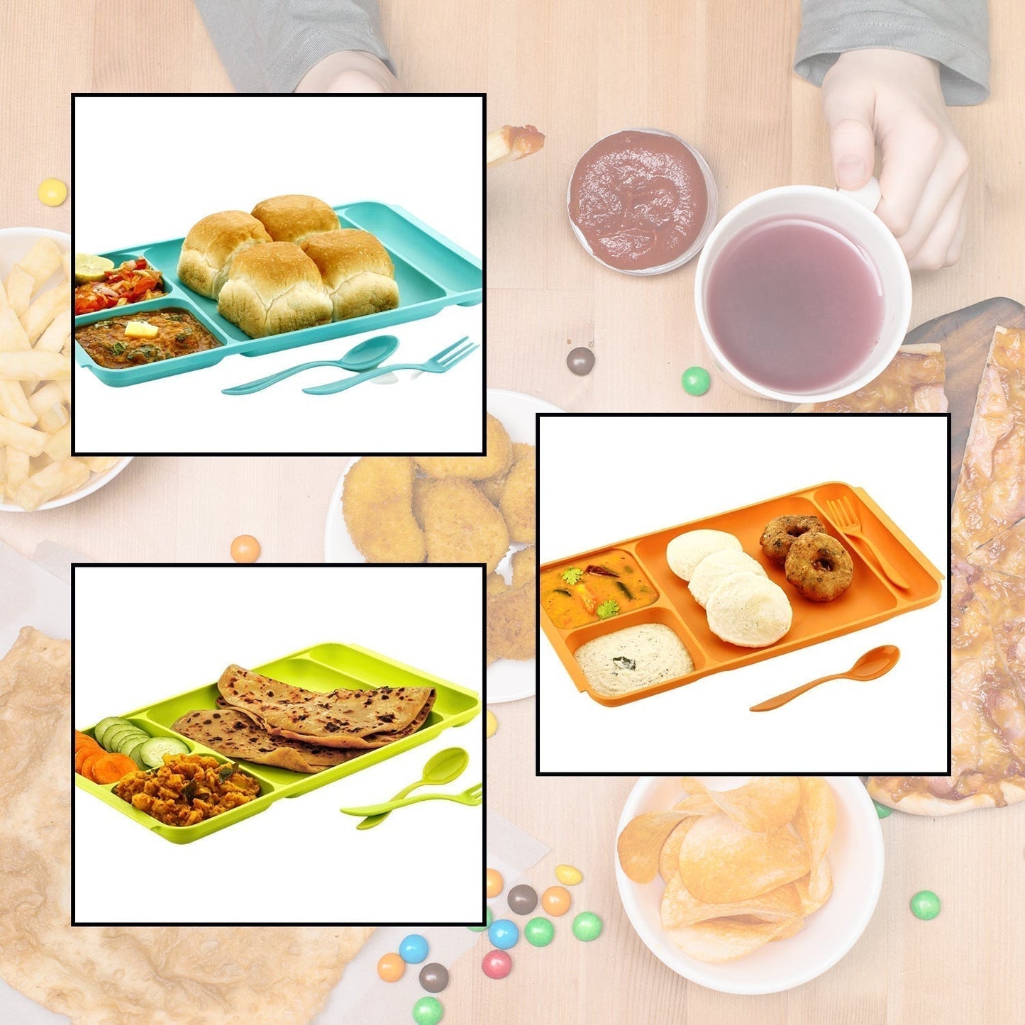 4-Compartment Plastic Dish Set with Spoon & Fork – Versatile Dinner & Pav Bhaji Plate