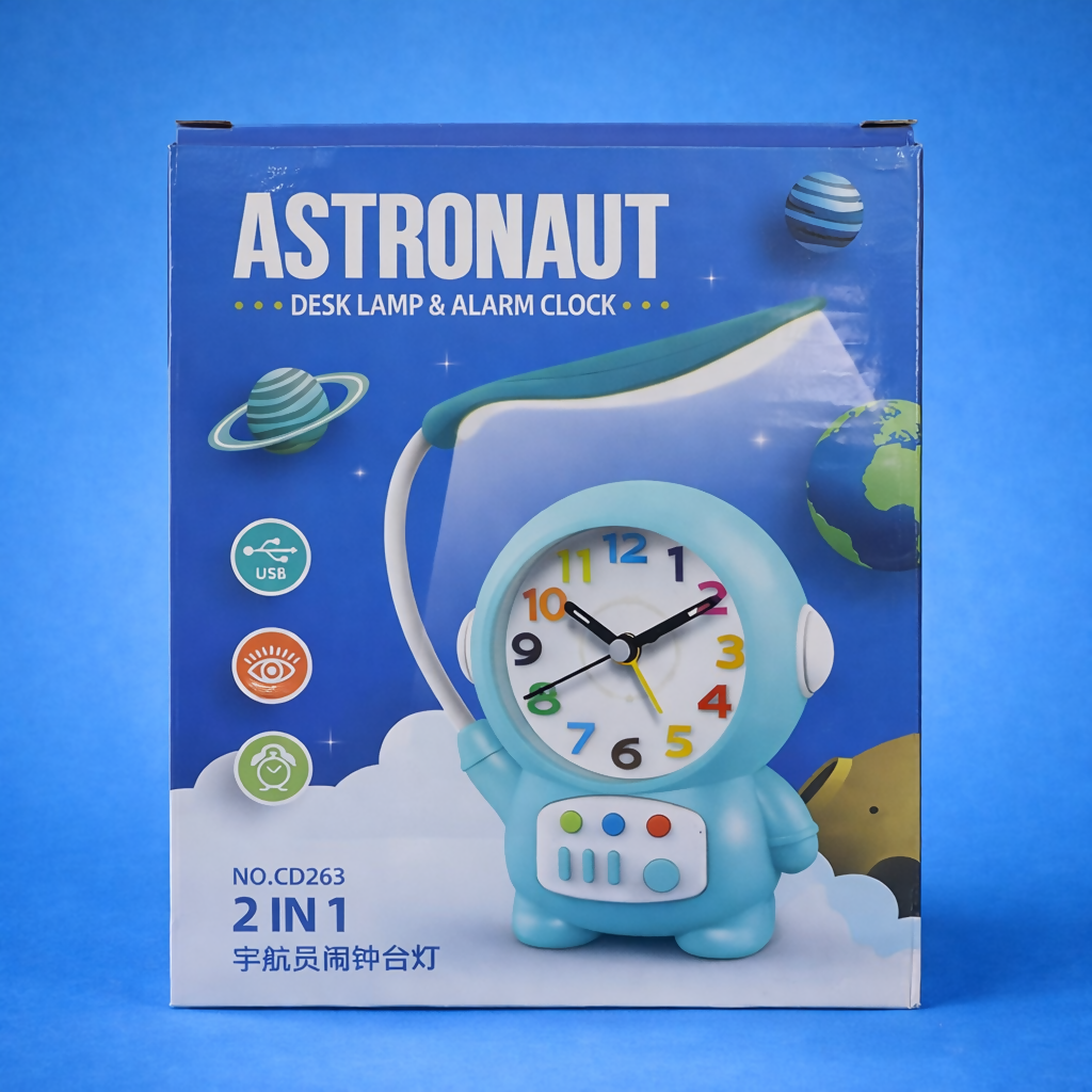 Pink Astronaut Desk Lamp with Alarm Clock for Kids Study Table Bedroom