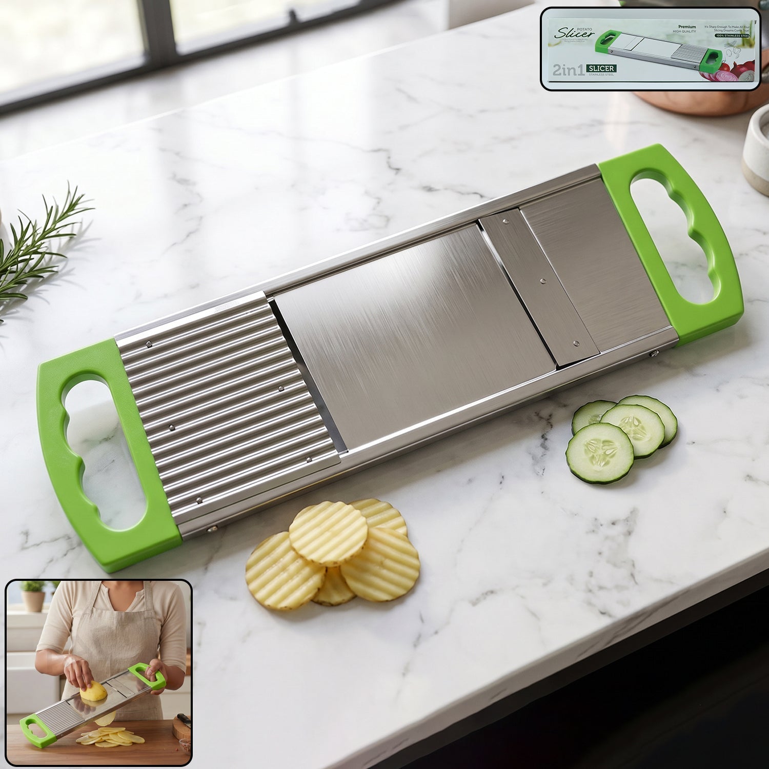 2 in 1 Potato Slicer used in all kinds of household kitchen purposes for cutting and slicing of potatoes.