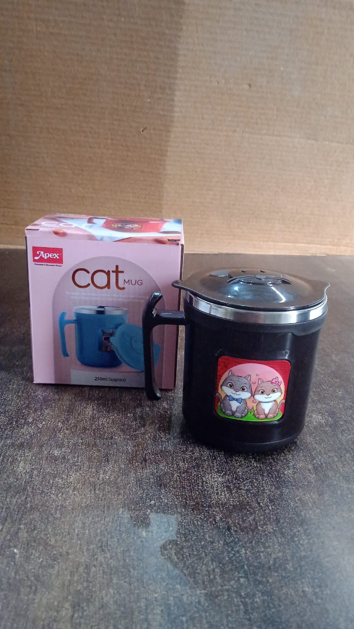 1 Pc Apex Cat Mug â€“ 250 ml Stainless Steel Insulated Inner with Cute Cat Print