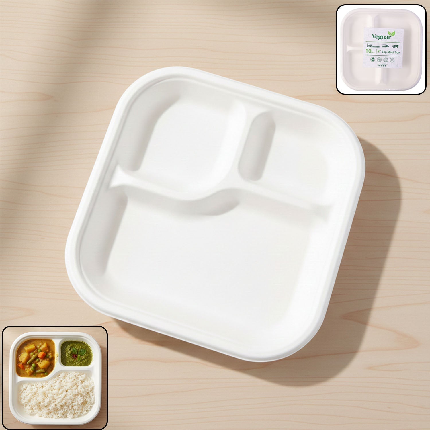 Vegnar Square 3 Compartment Disposable Meal Tray Set (10 Pc)