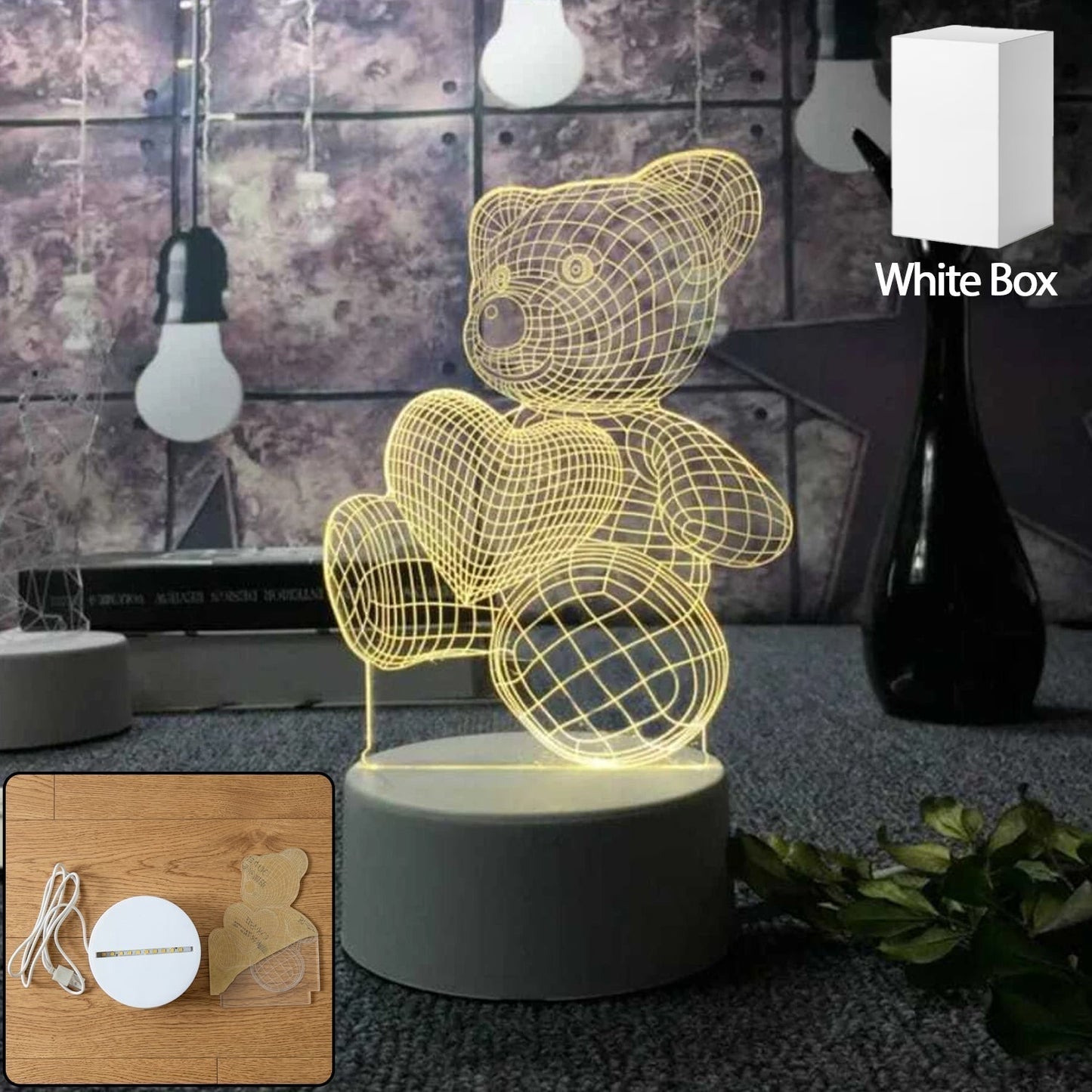 3D Teddy Bear LED Night Lamp with Heart Design (1 Pc)