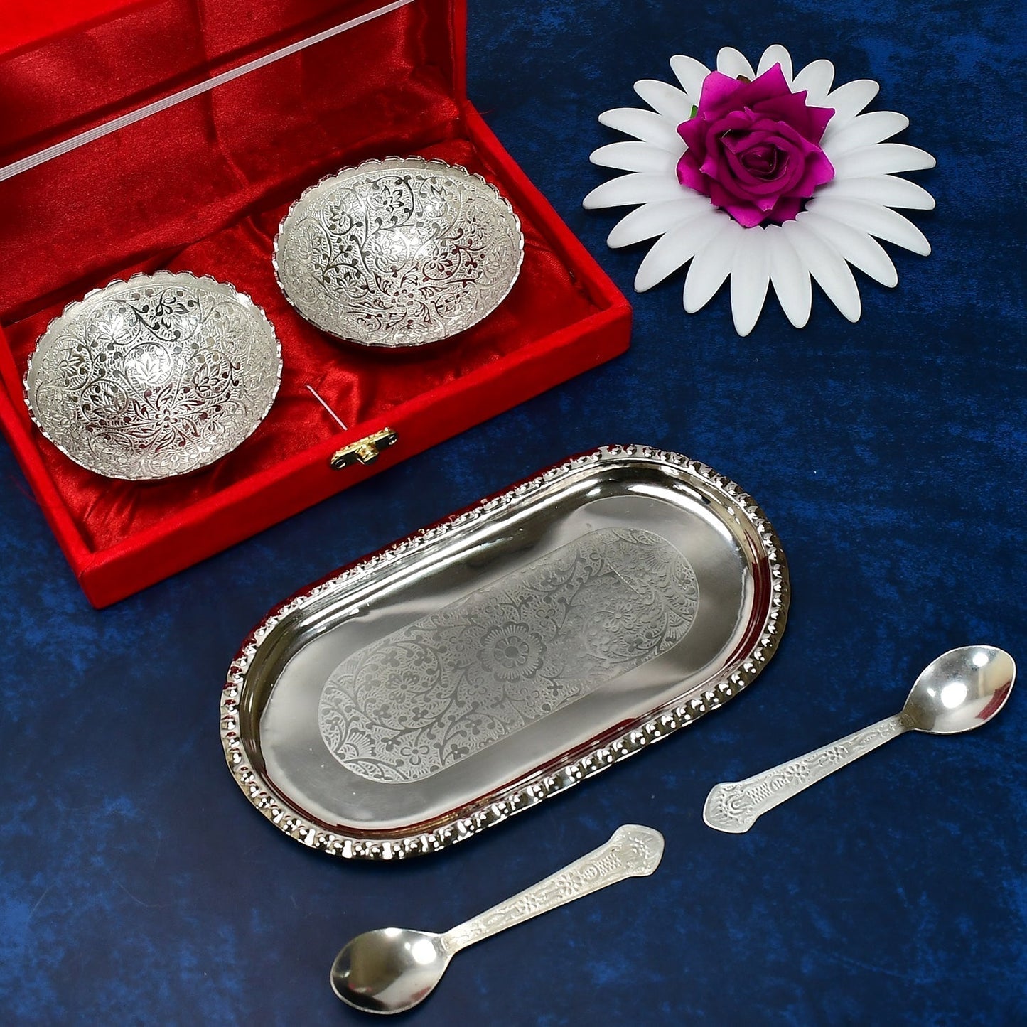 Silver-Plated Brass Bowl & Spoon Set with Velvet Gift Box