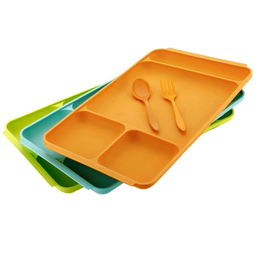 4-Compartment Plastic Dish Set with Spoon & Fork – Versatile Dinner & Pav Bhaji Plate