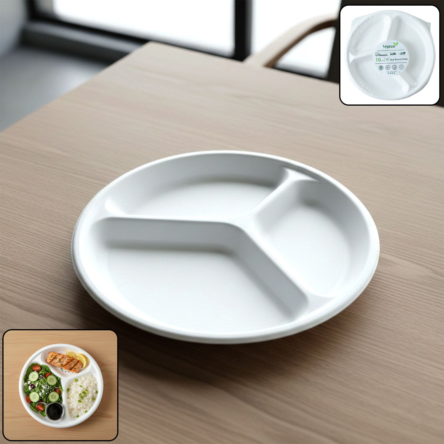 Vegnar Disposable Round 3 Compartment Meal Plate (Pack of 10 Pc)