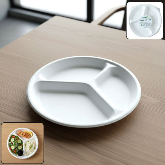 Vegnar Disposable Round 3 Compartment Meal Plate (Pack of 10 Pc)