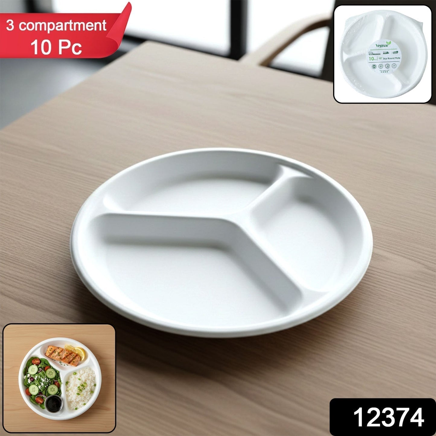 Vegnar Disposable Round 3 Compartment Meal Plate (Pack of 10 Pc)