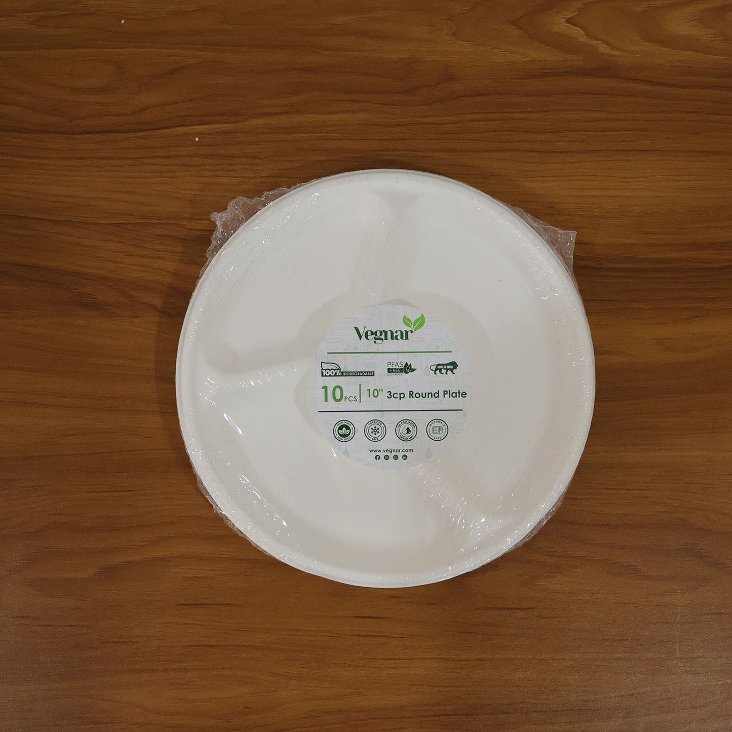 Vegnar Disposable Round 3 Compartment Meal Plate (Pack of 10 Pc)