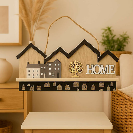 Wooden Home Wall Hanging keystand Decor with Miniature House Design and Rope Handle â€“ Decorative Shelf Art with 3D Tree and 'HOME' Letters, Ideal for Living Room, Entryway, or Farmhouse Style Interiors