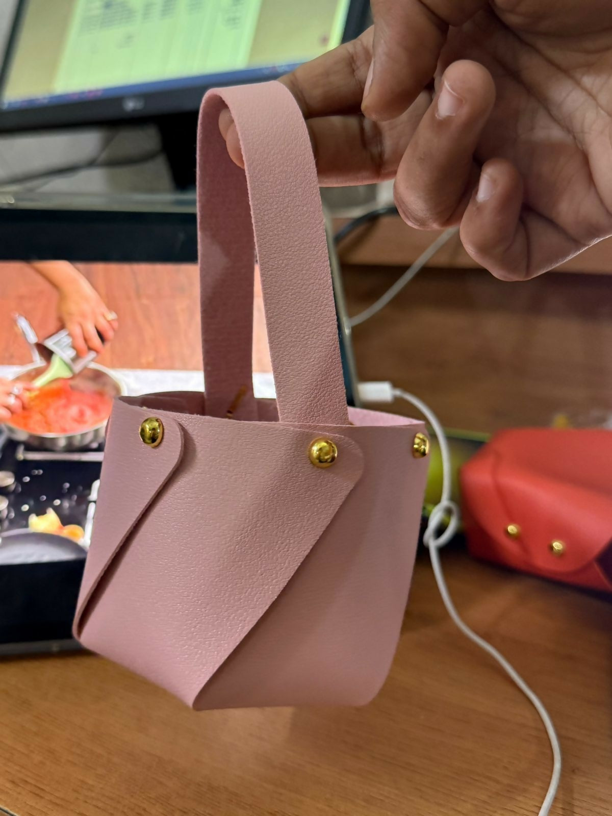 Pink Mini Bucket Handbag with Handle and Stud Detail Compact Size