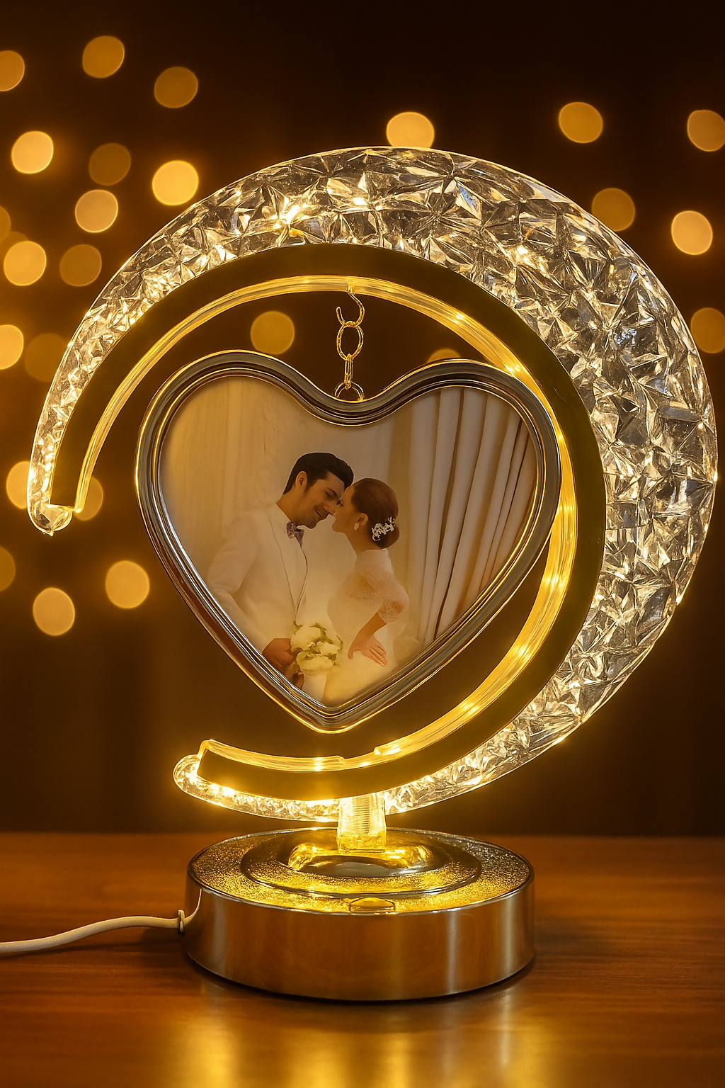 Crescent Moon LED Table Lamp with Hanging Heart-Shaped Rotating Photo Frame â€“ Crystal-Textured Decorative Light for Bedroom or Living Room â€“ Personalized Gift for Couples, Wedding, Anniversary & Valentineâ€™s Day