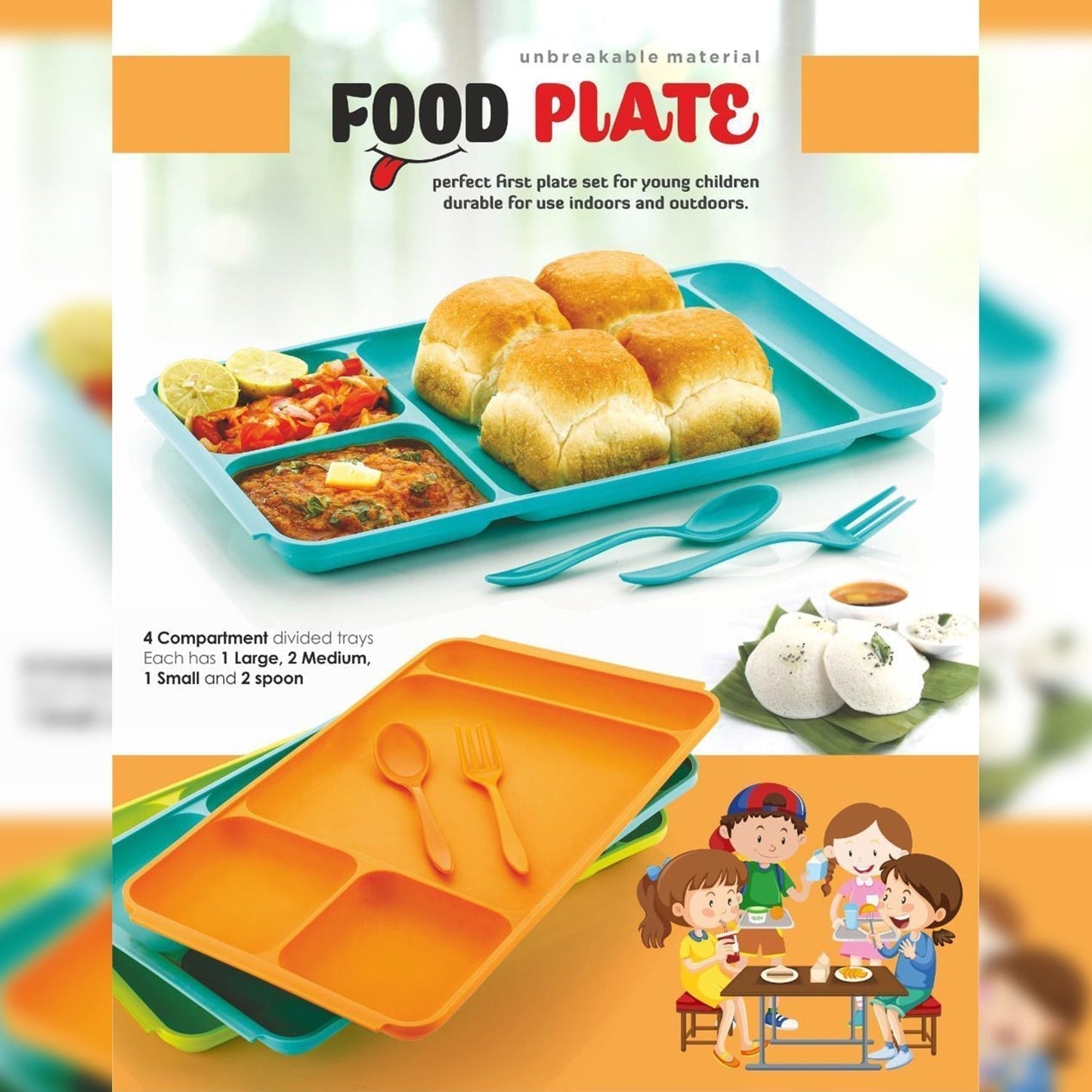 4-Compartment Plastic Dish Set with Spoon & Fork – Versatile Dinner & Pav Bhaji Plate