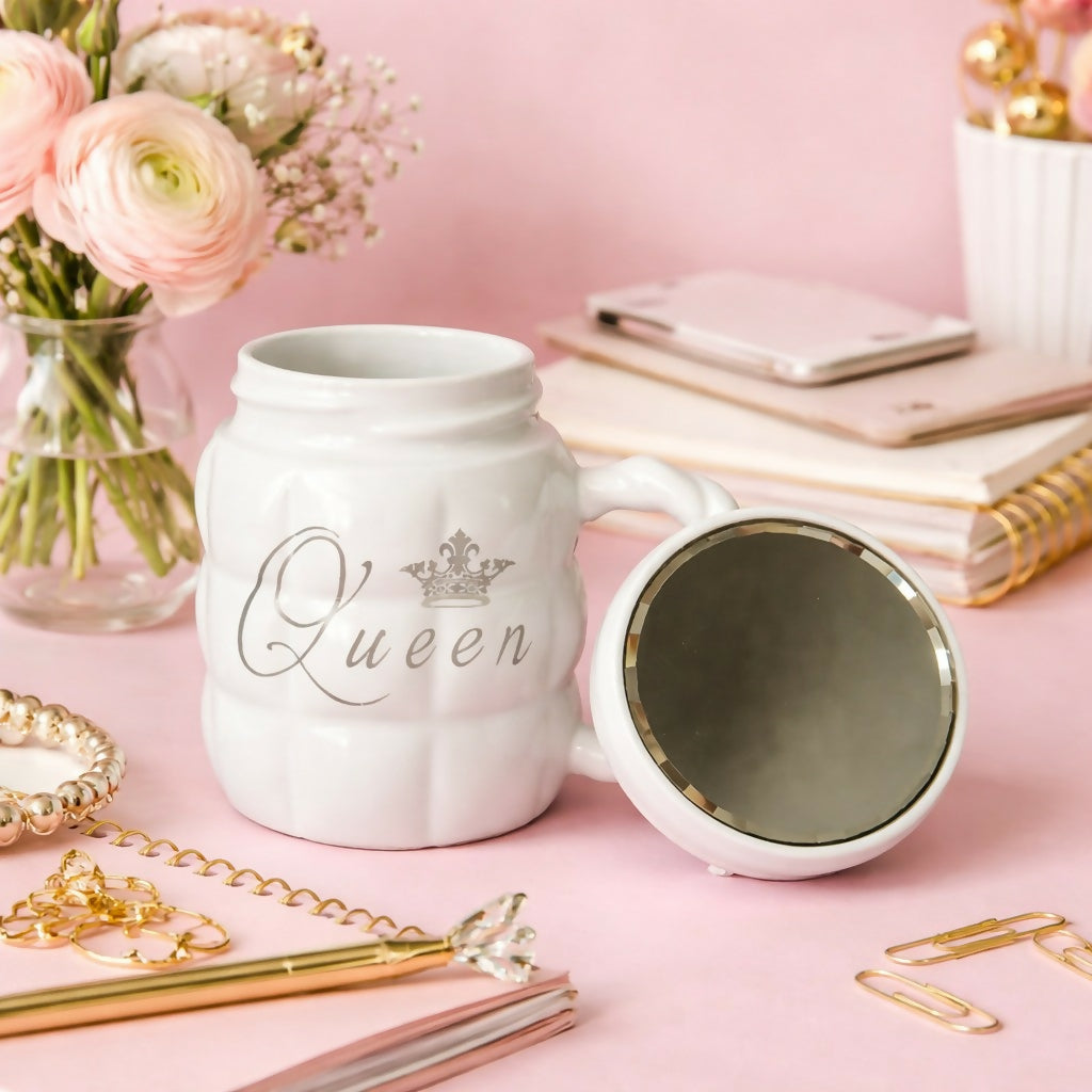 Queen Printed Ceramic Mug with Lid Mirror Stylish Coffee Cup