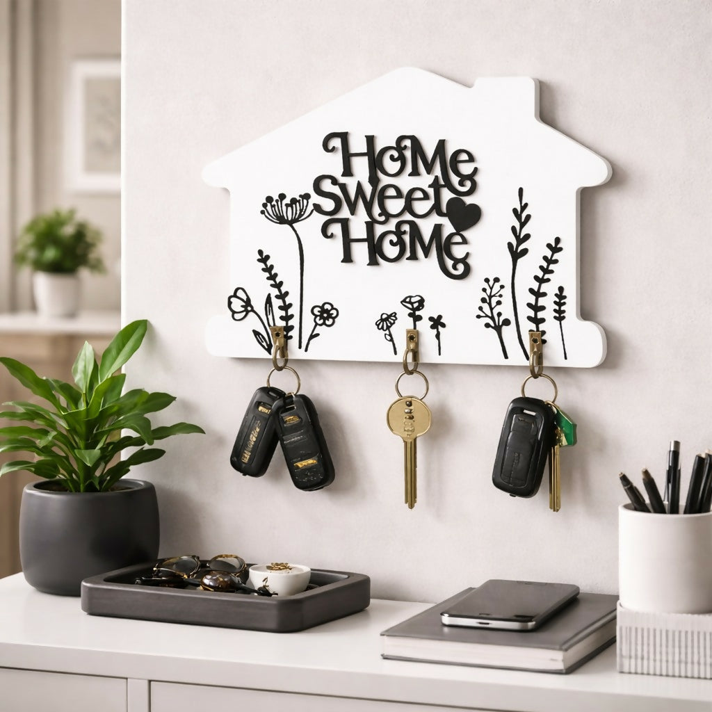 Home Sweet Home Wooden Key Holder Wall Mount with Hooks