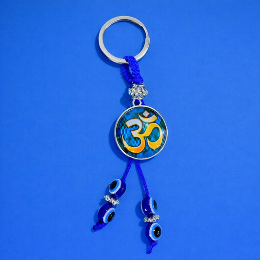 Om Evil Eye Keychain with Blue Beads for Car Keys, Bags & Gifting