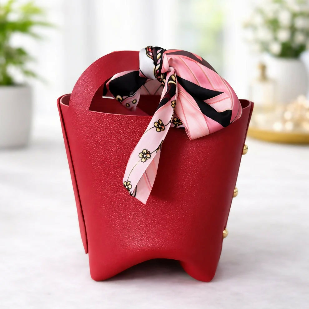 Maroon Mini Handbag with Scarf Handle Compact Stylish Fashion Purse