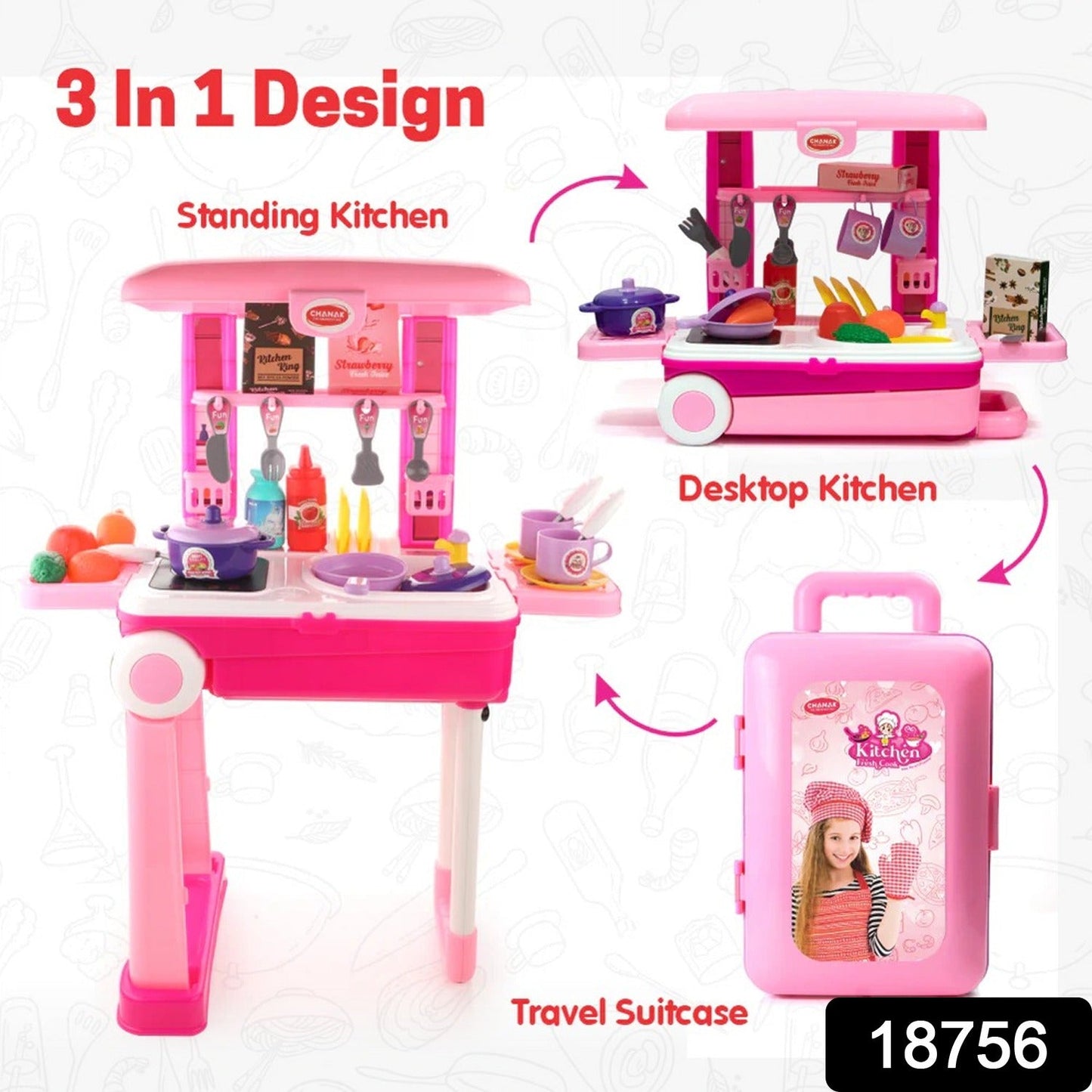 3-in-1 Kitchen Set for Kids with Suitcase â€“ Role Play Cooking Toy for Girls & Boys (3+)