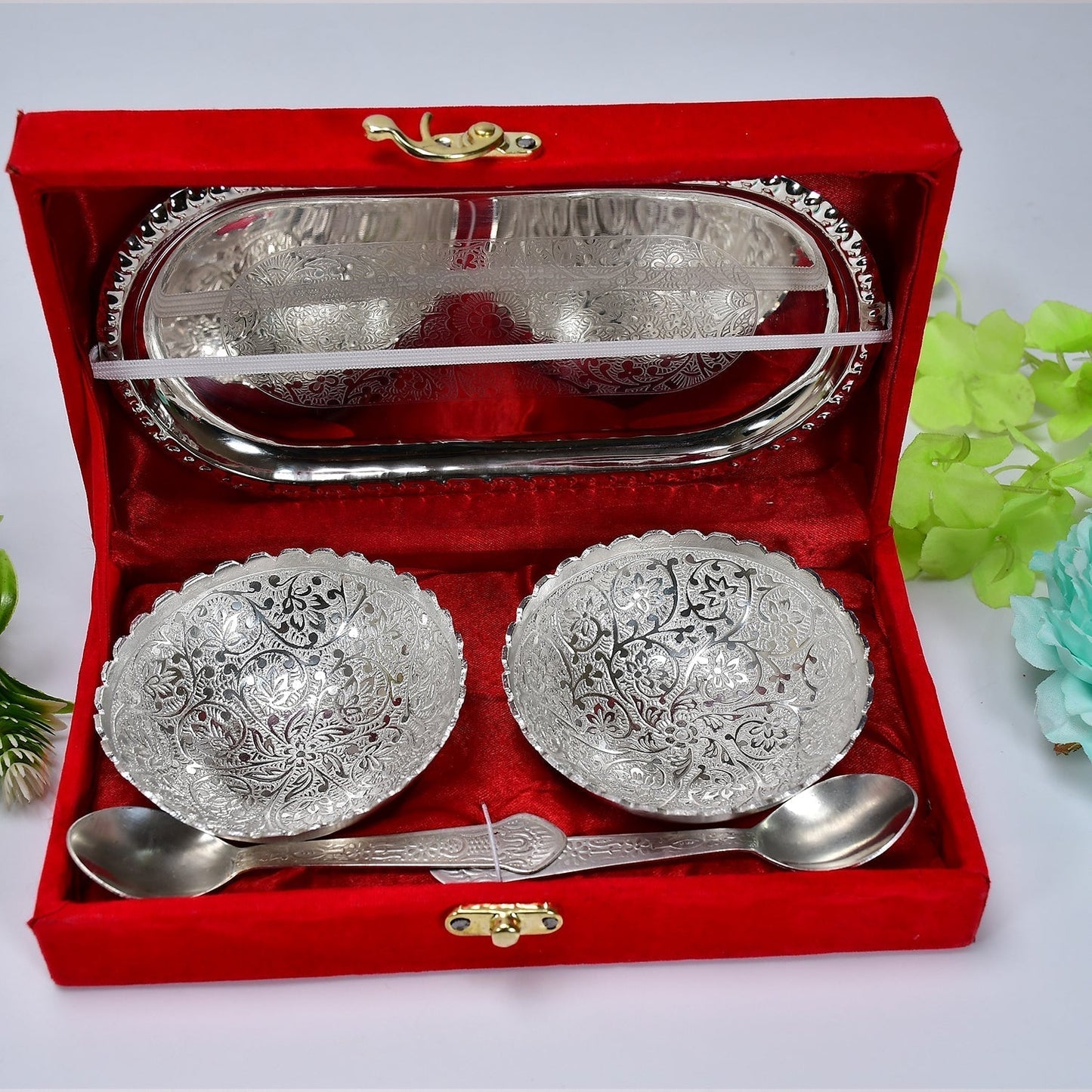 Silver-Plated Brass Bowl & Spoon Set with Velvet Gift Box
