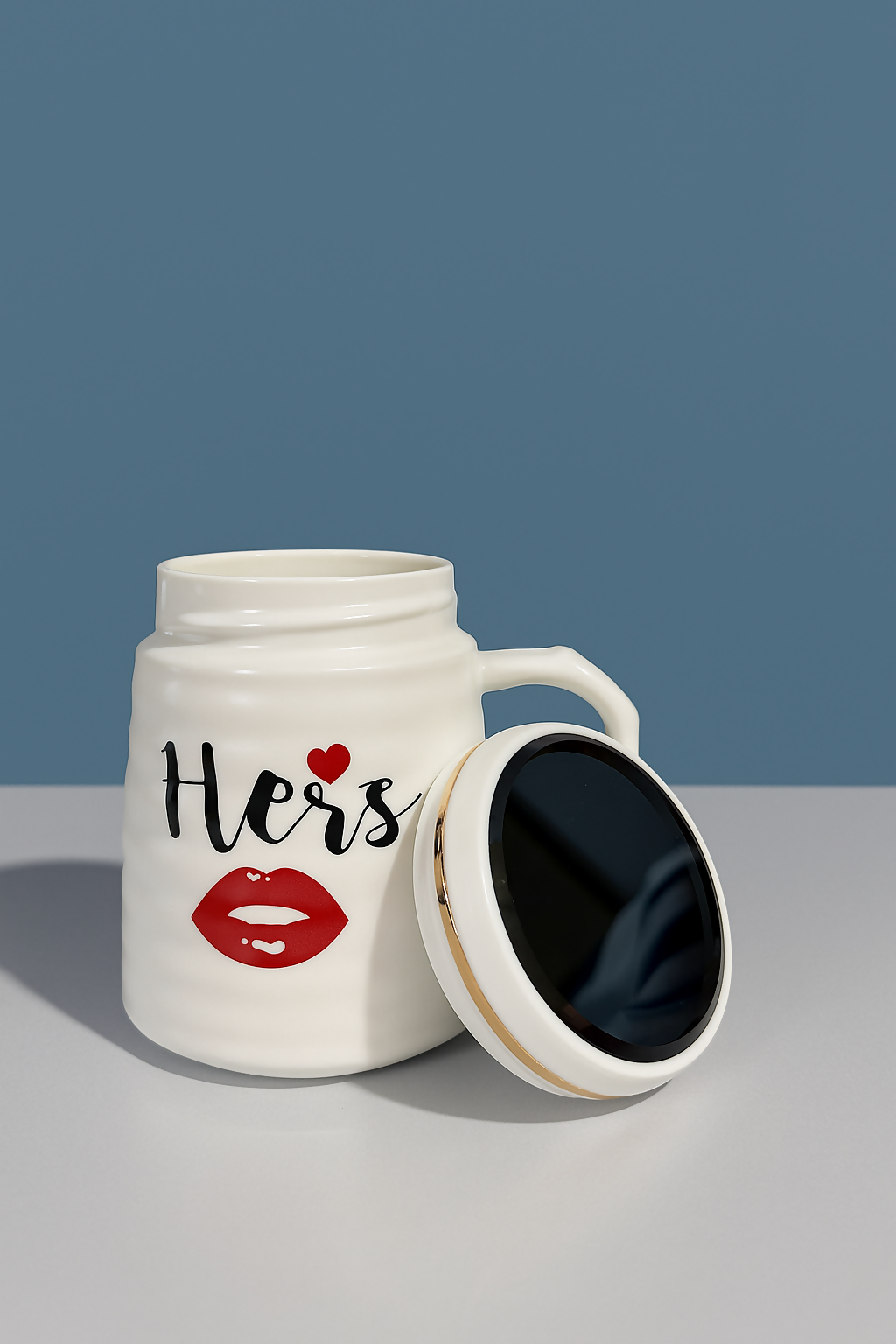 Cute White Ceramic "Hers" Mug with Red Lip Print and Lid