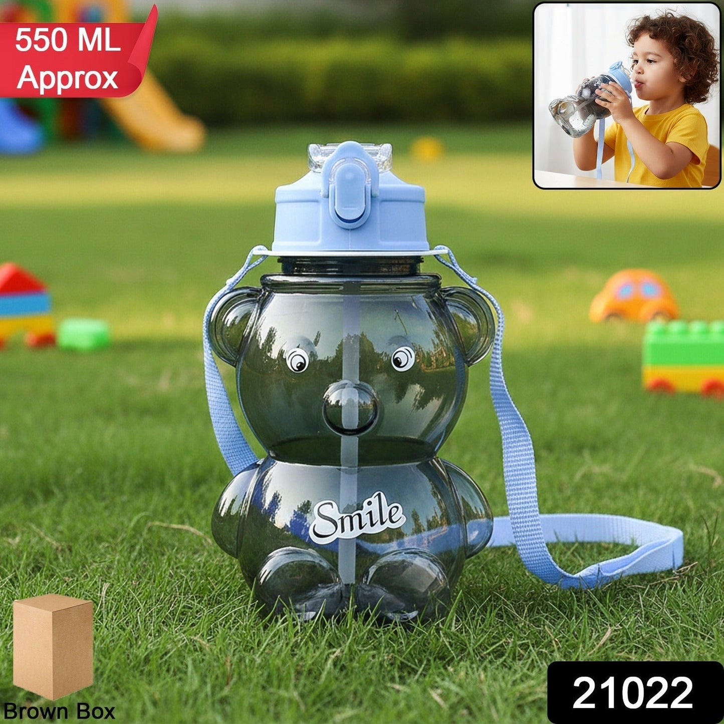 Kids Cartoon Bear Water Bottle with Straw & Shoulder Strap (1 Pc)