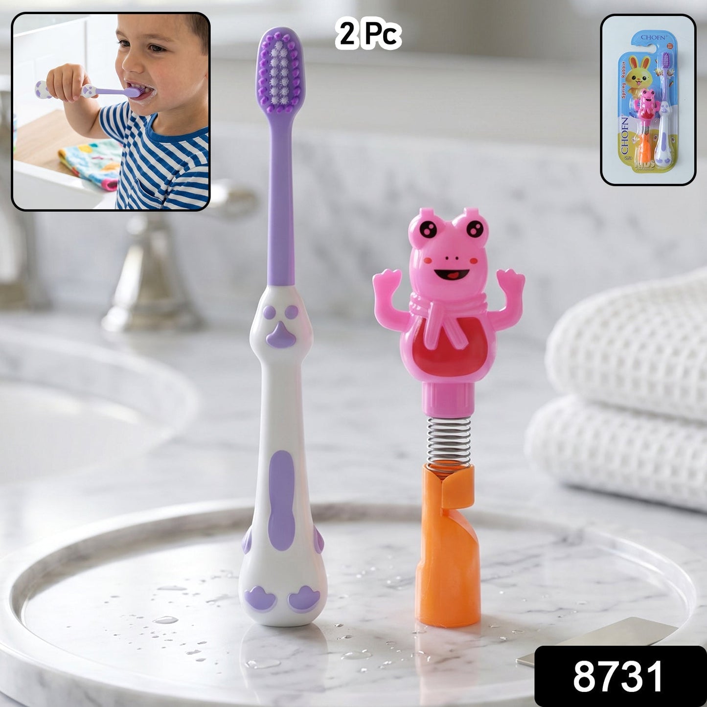 Kids Cartoon Spring Frog Toy With Toothbrush Set (2 Pc Set)