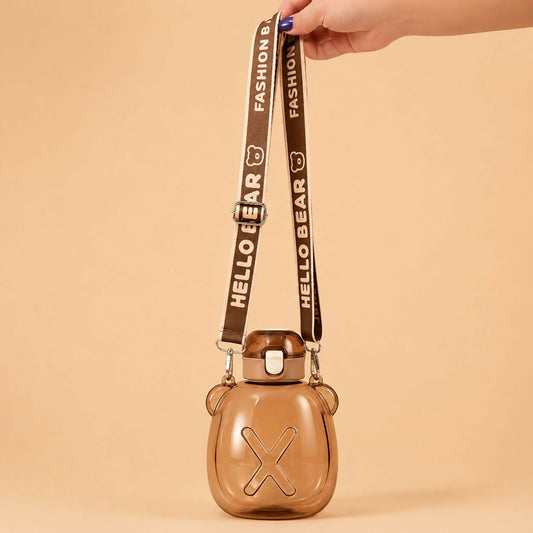 Brown 200 ML Bear Water Bottle with Straw & Adjustable Carry Sling