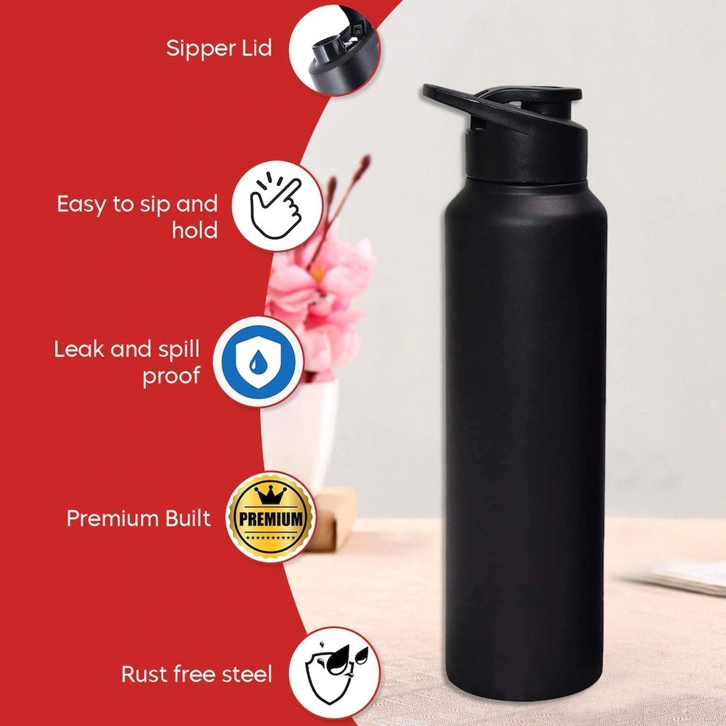 Stainless Steel 1000ml Flip-Top Reusable Sports Water Bottle â€“ 1 Pc