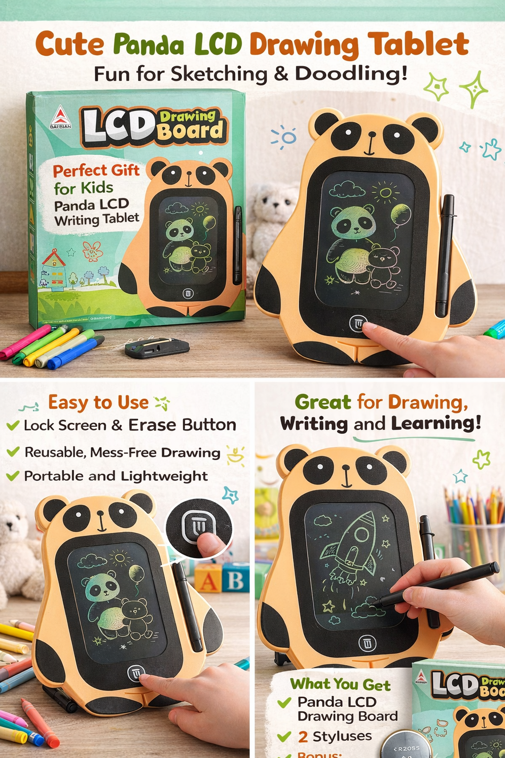 👉 Kids LCD Drawing Board Panda Shape Writing Tablet – Erasable Digital Sketch Pad