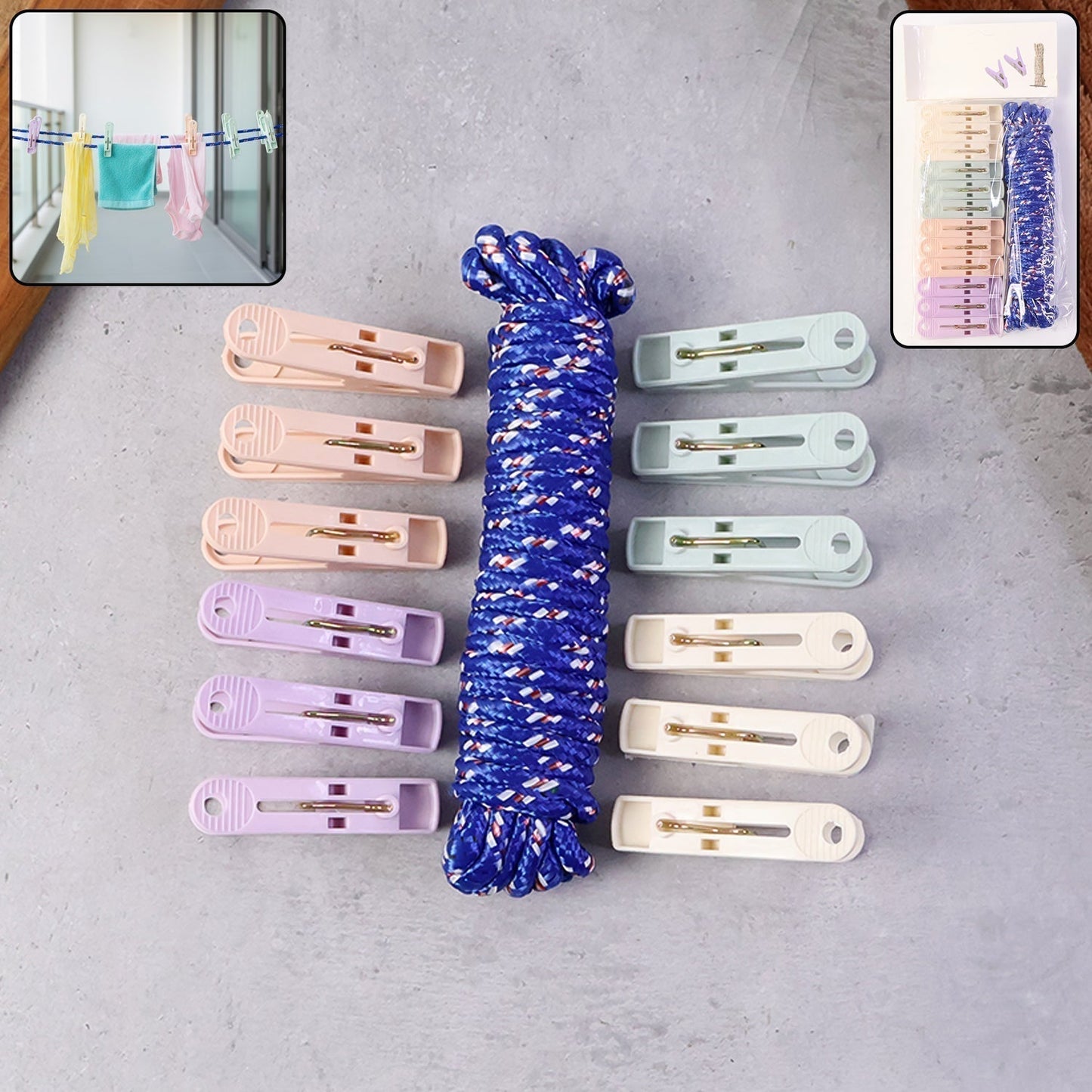 Clothesline Rope 12 Clips â€“ 5 Meter Approx Heavy Duty Laundry Drying Rope with Clip