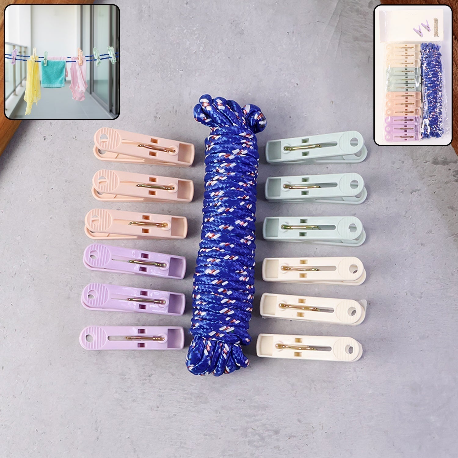 Clothesline Rope 12 Clips â€“ 5 Meter Approx Heavy Duty Laundry Drying Rope with Clip