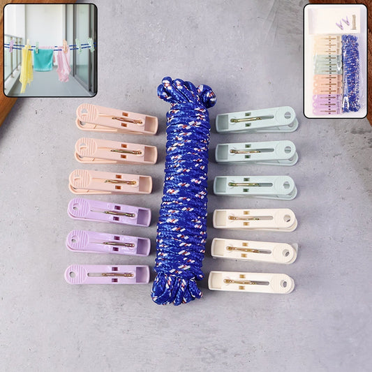 Clothesline Rope 12 Clips â€“ 5 Meter Approx Heavy Duty Laundry Drying Rope with Clip