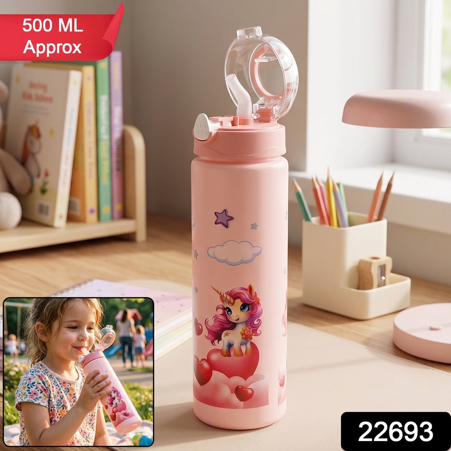 Cute Princess Printed Kids Water Bottle with Flip Top & Lid Straw
