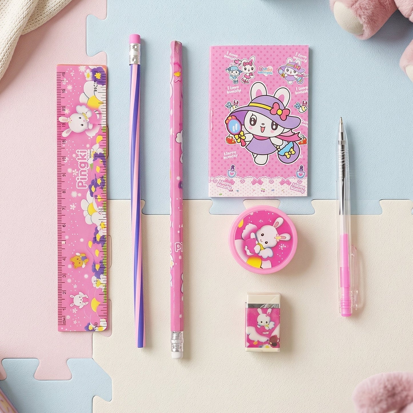 7-In-1 Cute Pink Stationery Set with Ruler, Pencil, Eraser, Pen, Notebook, Sharpener