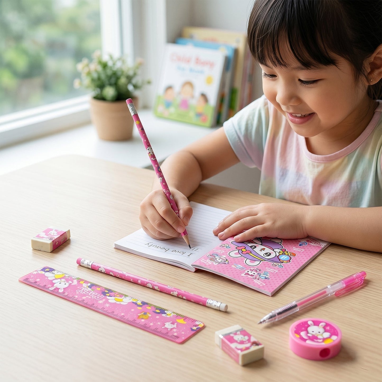 7-In-1 Cute Pink Stationery Set with Ruler, Pencil, Eraser, Pen, Notebook, Sharpener