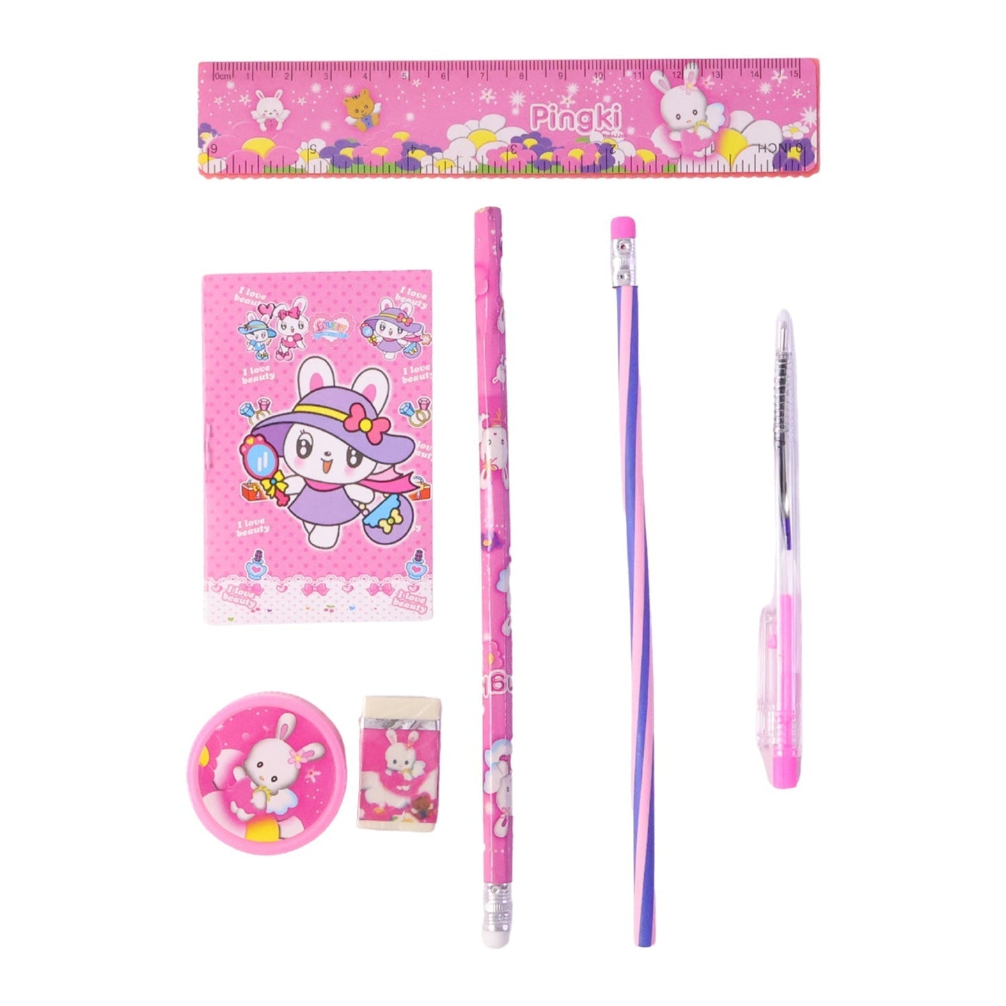 7-In-1 Cute Pink Stationery Set with Ruler, Pencil, Eraser, Pen, Notebook, Sharpener