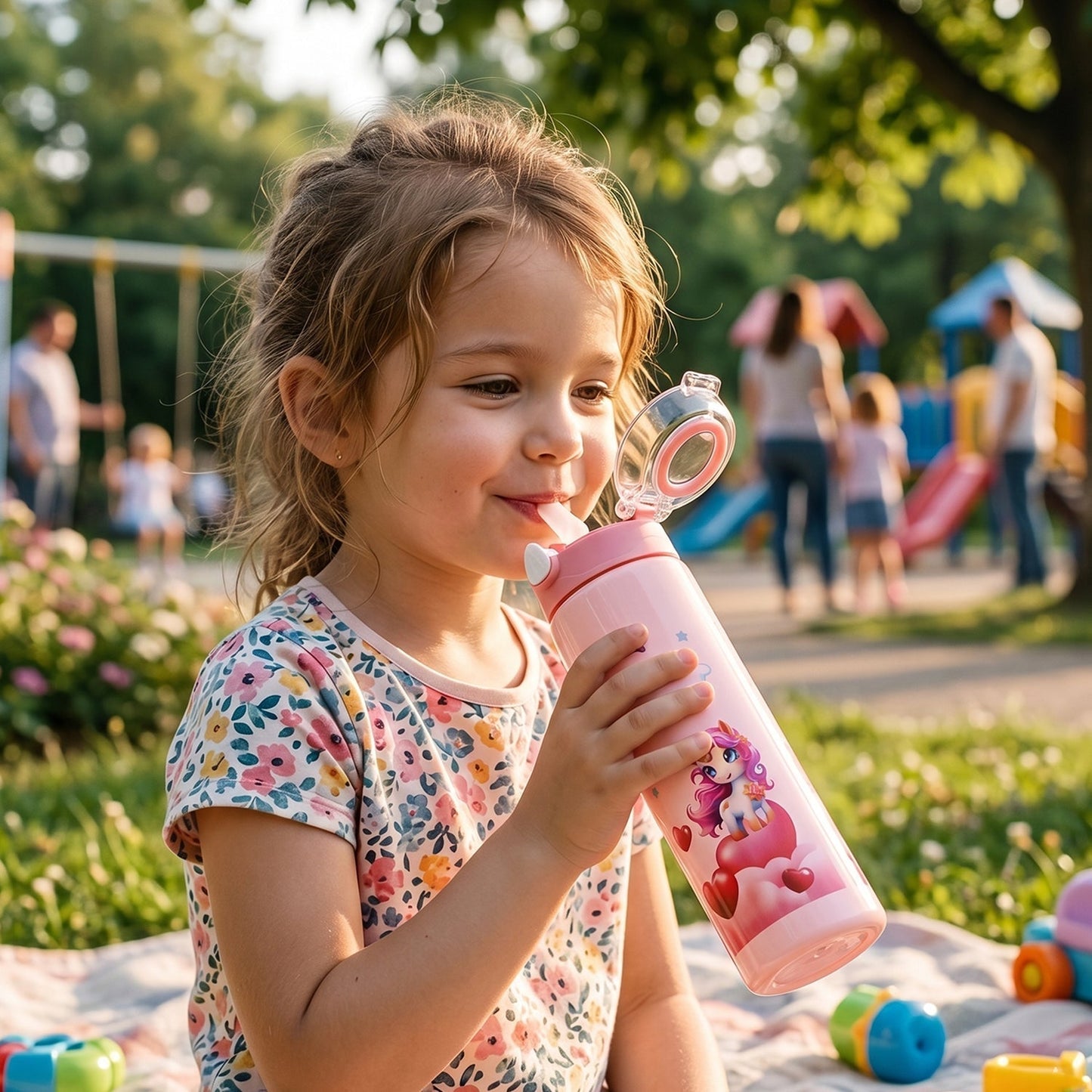 Cute Princess Printed Kids Water Bottle with Flip Top & Lid Straw
