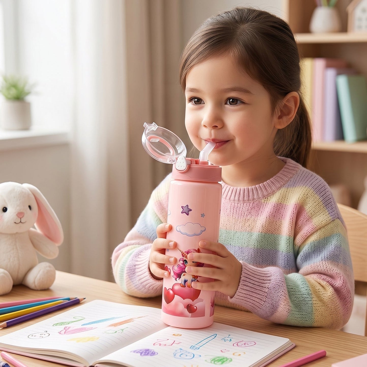 Cute Princess Printed Kids Water Bottle with Flip Top & Lid Straw