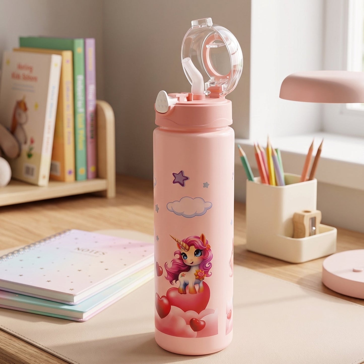 Cute Princess Printed Kids Water Bottle with Flip Top & Lid Straw
