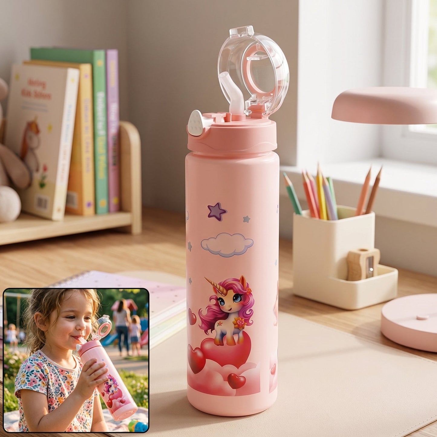 Cute Princess Printed Kids Water Bottle with Flip Top & Lid Straw