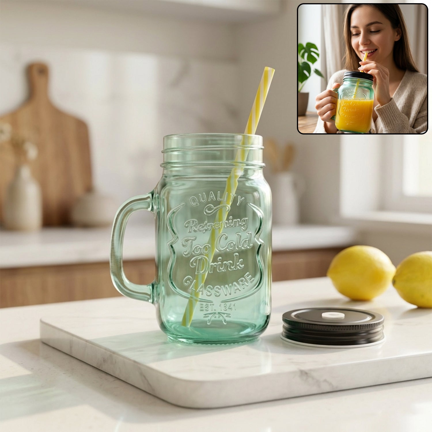 Drinking Cup / Glass / Mug Mason Jar with Handle & Straw